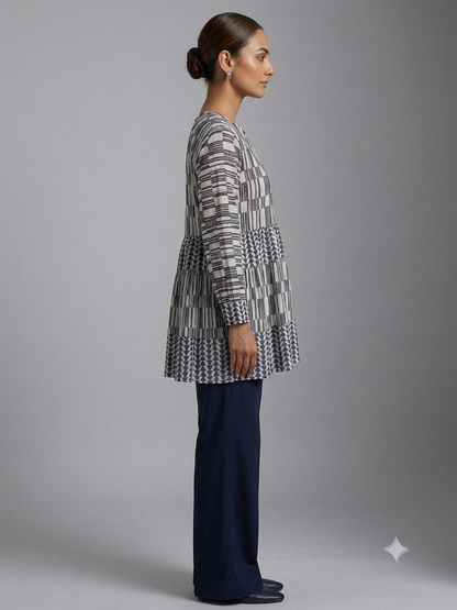 White & Blue Geometric Print Cotton Shirt
