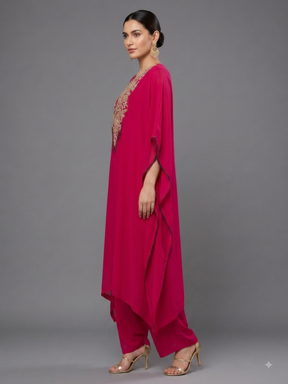 Fuchsia Pink Soft Silk Indo Western Straight Kurta & Pant
