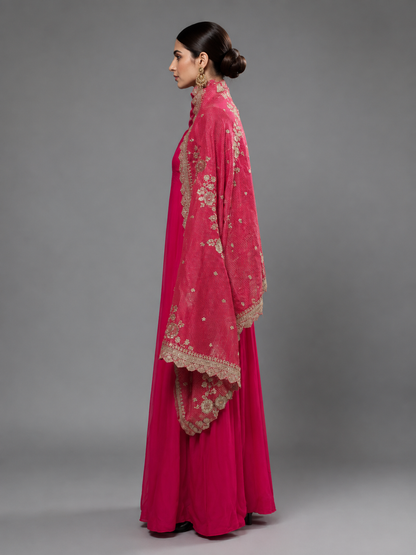 Fuchsia Pink Hand Embroidered Silk Anarkali with Dupatta