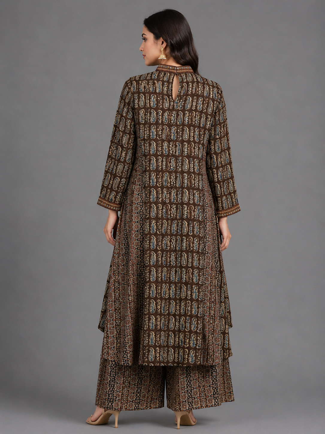 Brown Modal Silk Ajrakh with Zari and Mirror Work Kurta Set