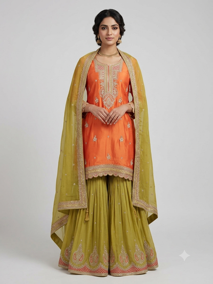 Apple Green & Orange Garara Chiffon Hand Embroidered Suit Set