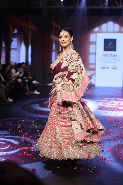 The Ghungroo Showstopper: Pink & Red Hand-Embroidered Anarkali with Burgundy Banarsi Dupatta
