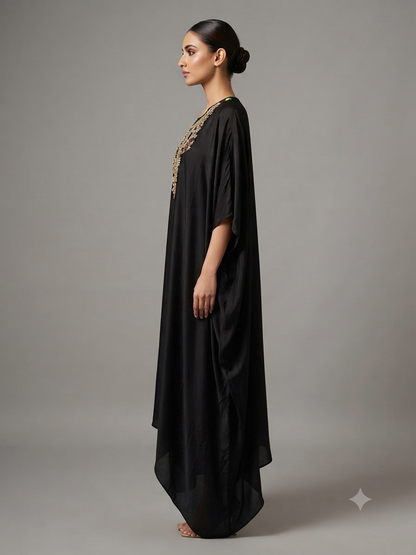 Black Satin Embellished Kaftan with Cowl Drape Skirt