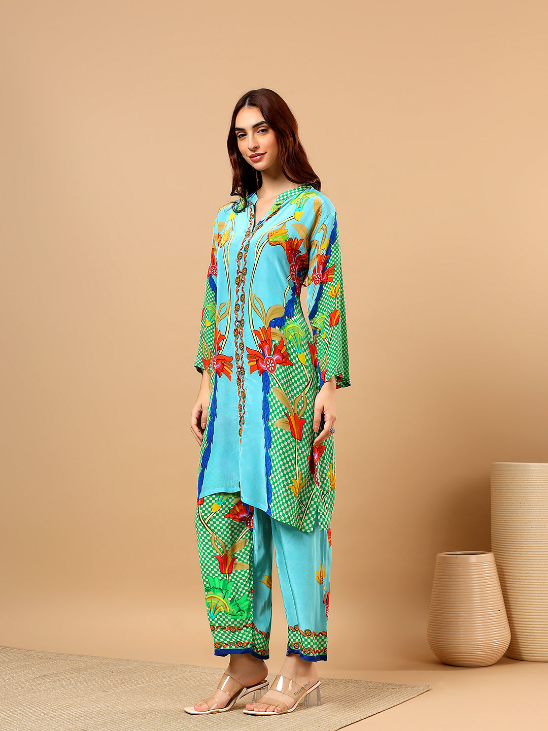 Green Printed Satin Cord Set