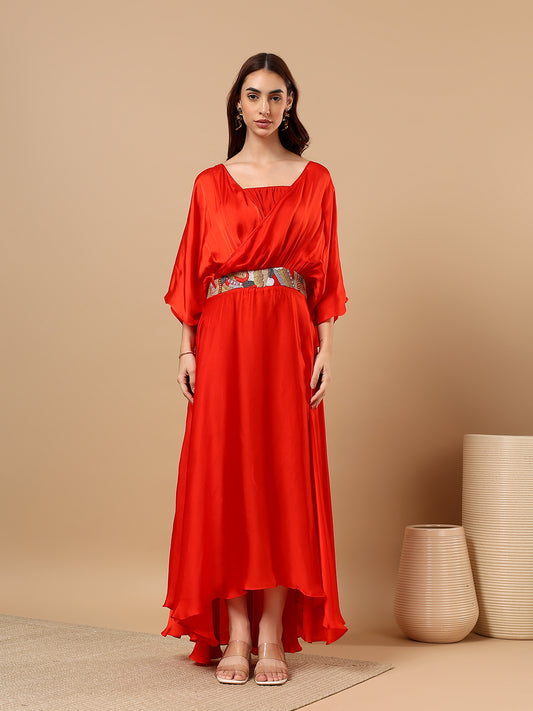 Orange Satin Cowl Dress