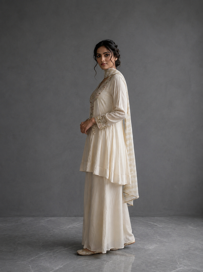 Off-White Raw Silk Hand Embroidered Kalidaar Kurta With Flared Pants and Tissue Silk Dupatta