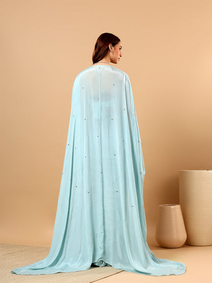 Sky Blue Chinon Hand Embellished Draped Saree with Cape