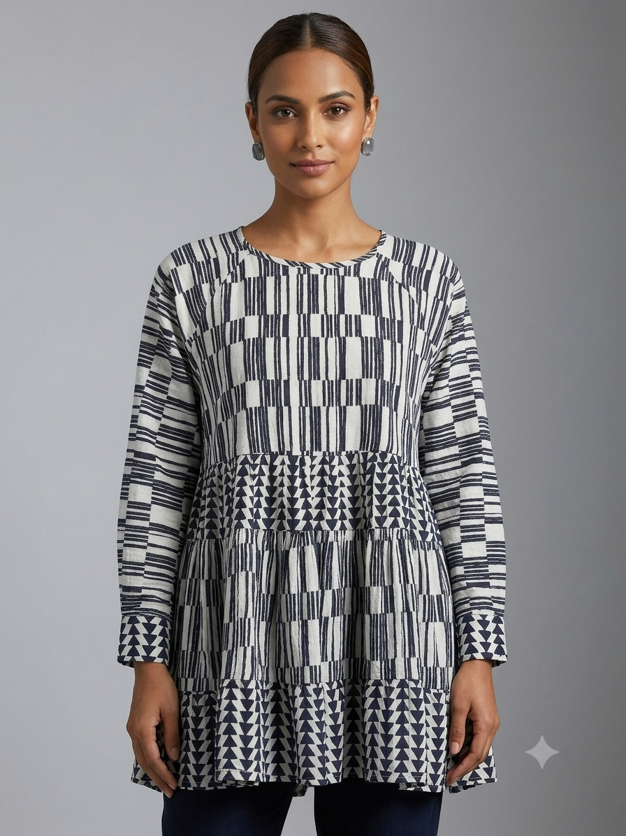 White & Blue Geometric Print Cotton Shirt