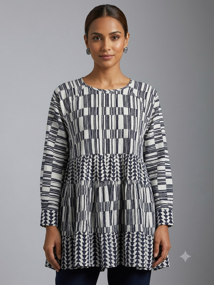 White & Blue Geometric Print Cotton Shirt