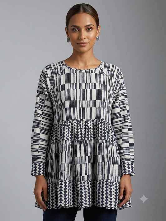 White & Blue Geometric Print Cotton Shirt