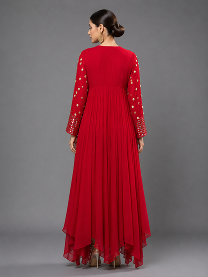 Red Georgette Mirror Work and Shells Embellished Dress