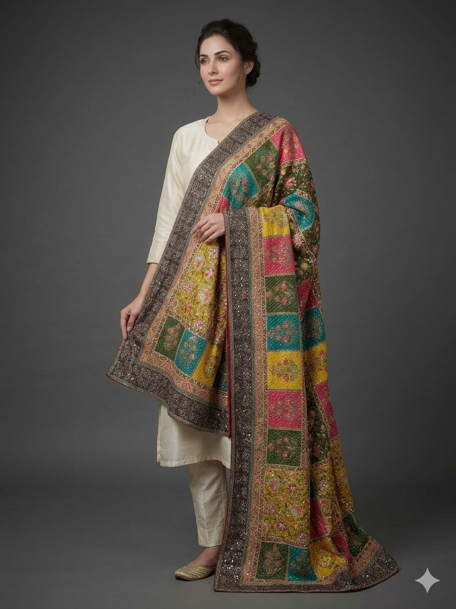 Mint silk printed hand embroidered dupatta