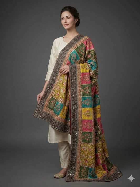 Mint Silk Printed Hand Embroidered Dupatta Drape