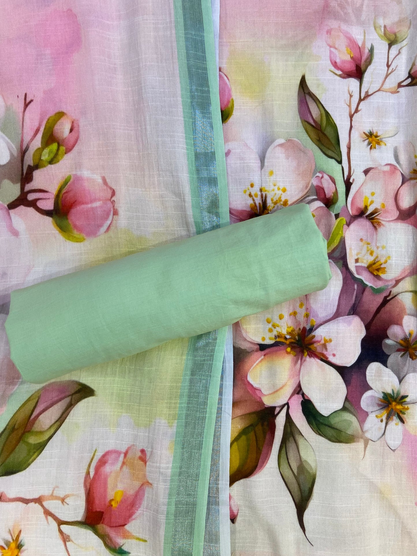 Peach printed maheshwari cotton unstitch febric