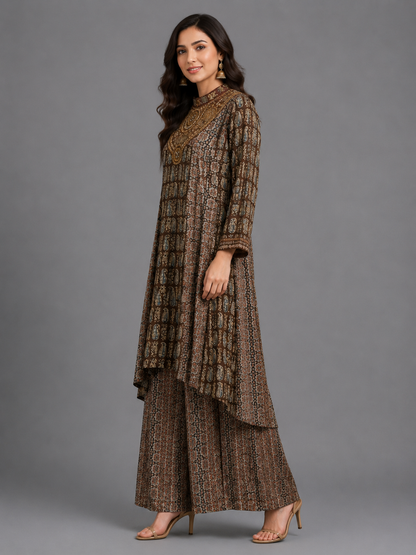 Brown Modal Silk Ajrakh with Zari and Mirror Work Kurta Set