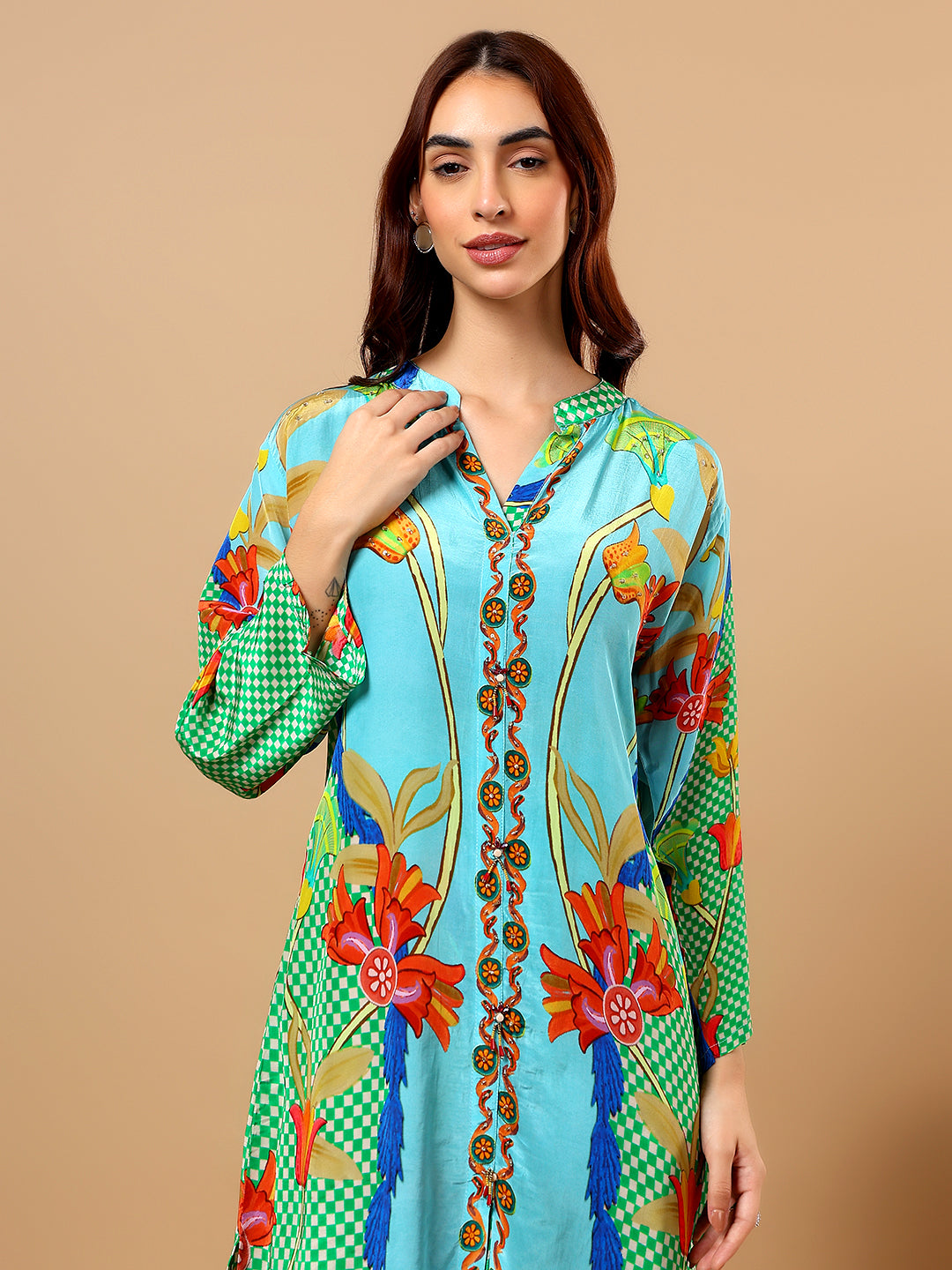 Green Printed Satin Cord Set