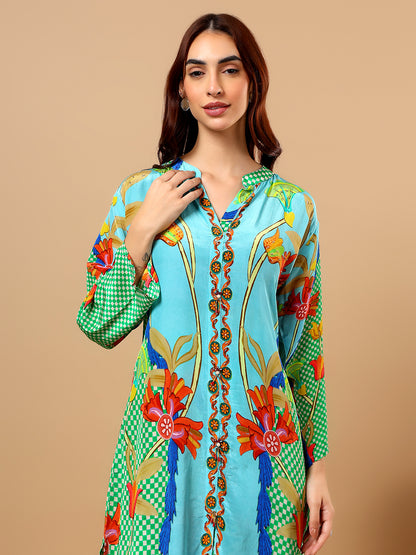 Green Printed Satin Cord Set