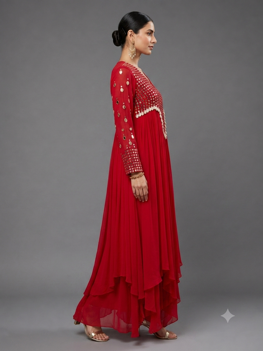 Red Georgette Mirror Work and Shells Embellished Dress