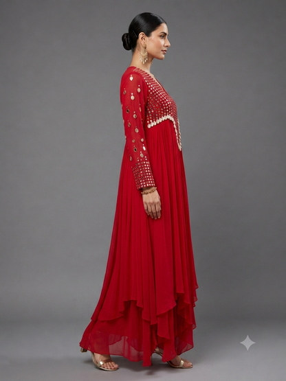 Red Georgette Mirror Work and Shells Embellished Dress