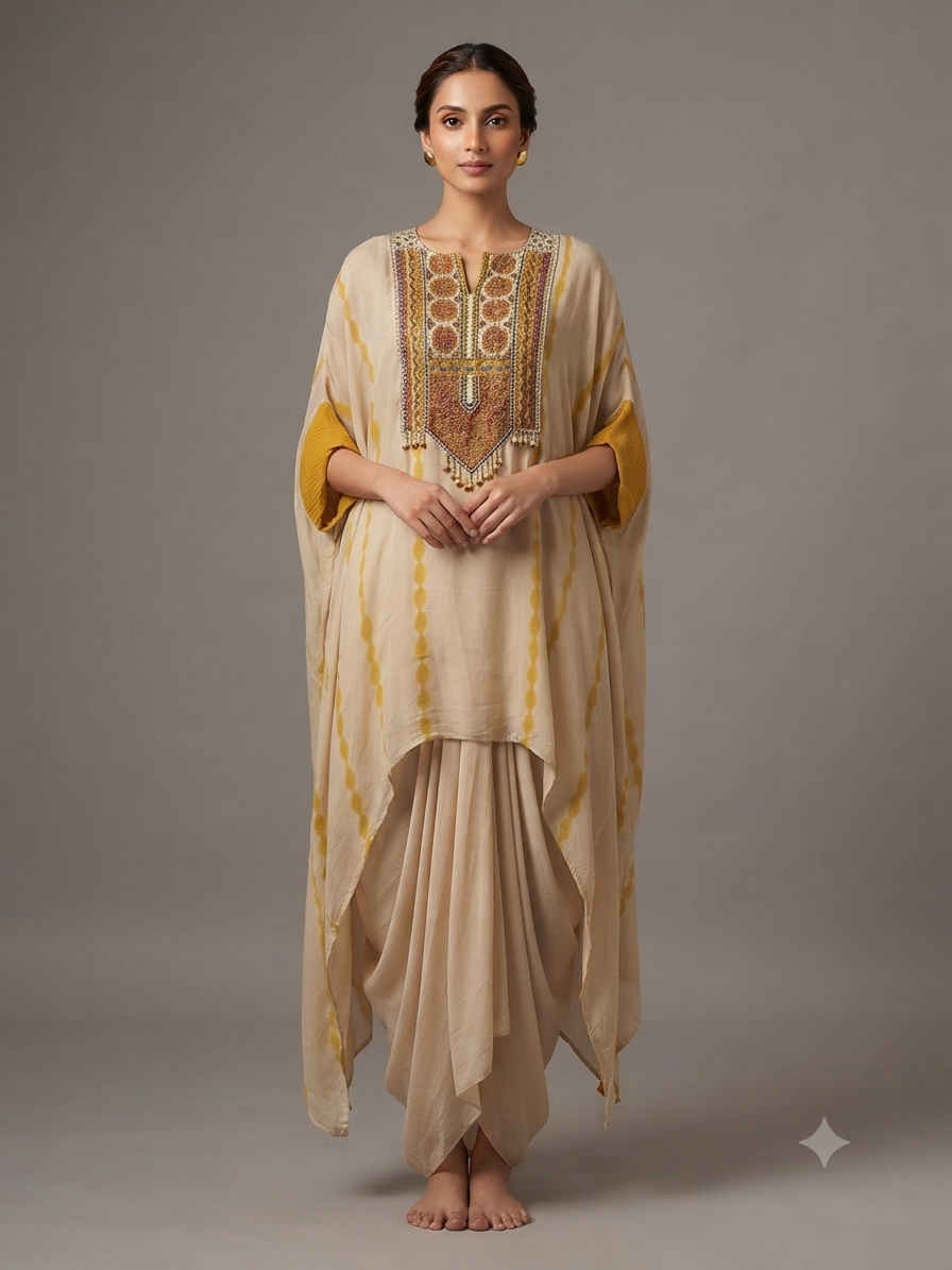 Beige georgette Thread Work Kaftan with Cowl Dreap Skirt