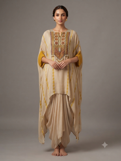 Beige georgette Thread Work Kaftan with Cowl Dreap Skirt
