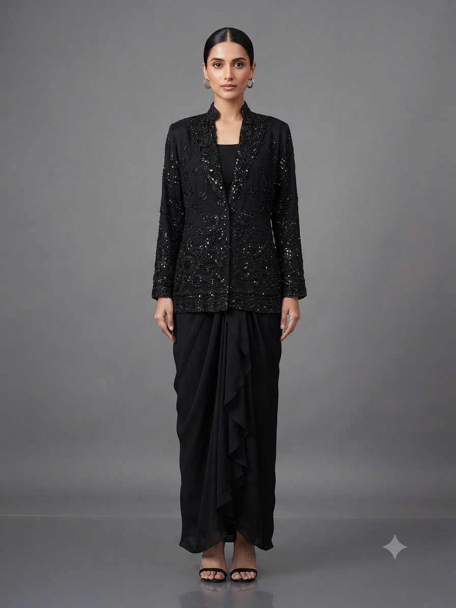 Black Crepe Cut Dana Sequins Jacket with Cowl Drape Skirt