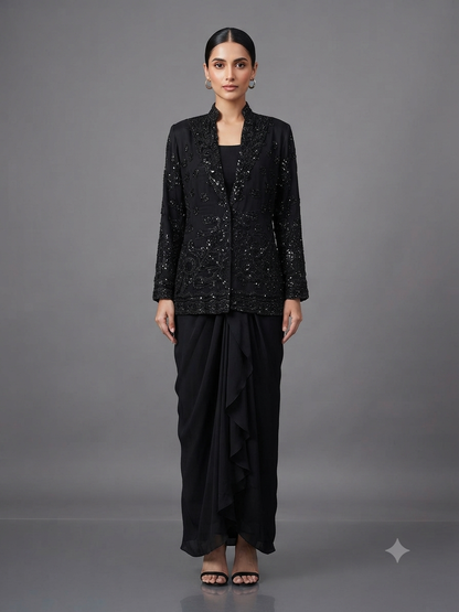Black Crepe Cut Dana Sequins Jacket with Cowl Drape Skirt