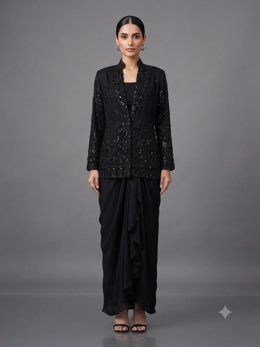 Black Crepe Cut Dana Sequins Jacket with Cowl Drape Skirt