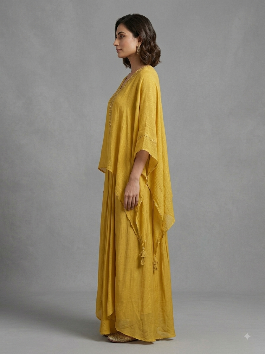 Yellow Chinon Kimono Set with Draped Skirt
