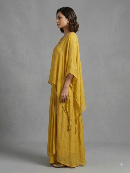 Yellow Chinon Kimono Set with Draped Skirt