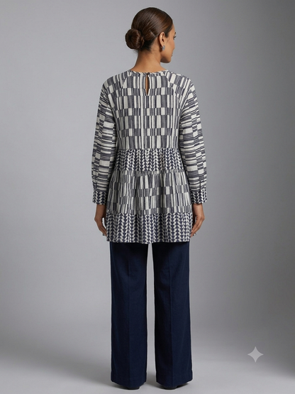 White & Blue Geometric Print Cotton Shirt