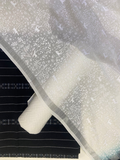 Black Stiped Cotton Unstitched Fabric