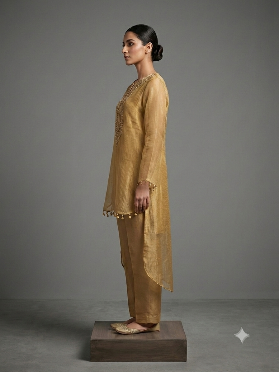 Gold Tissue Silk Hand Embroidered Kurta Set