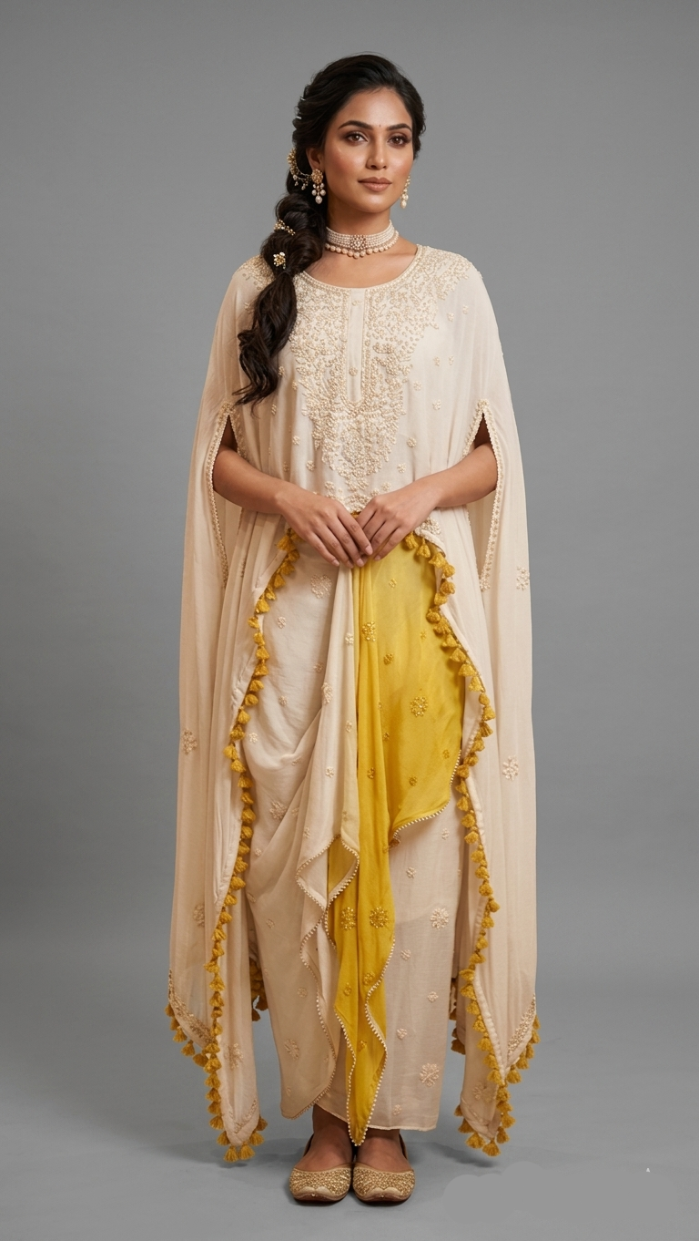 Off-White Georgette Cape Set with Cowl Drape Skirt