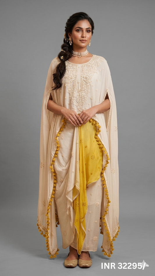 Off white georgette cape set with cowl drape skirt