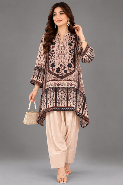 Beige Printed Satin Cord Set