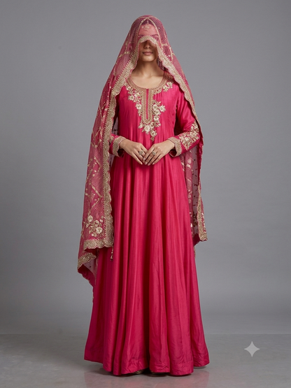 Fuchsia Pink Hand Embroidered Silk Anarkali with Dupatta