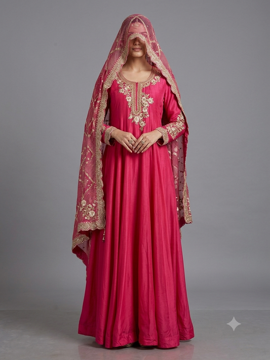 Fuchsia Pink Hand Embroidered Silk Anarkali with Dupatta