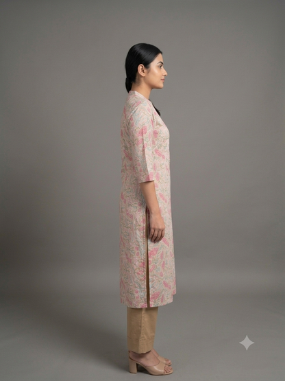 Peach Printed Cotton Kurta
