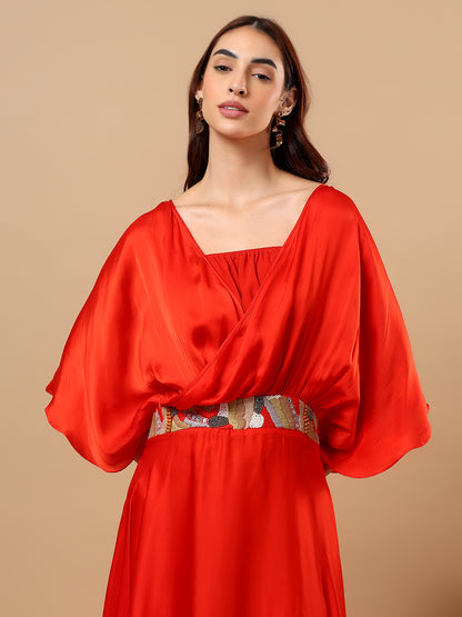 Orange Satin Cowl Dress