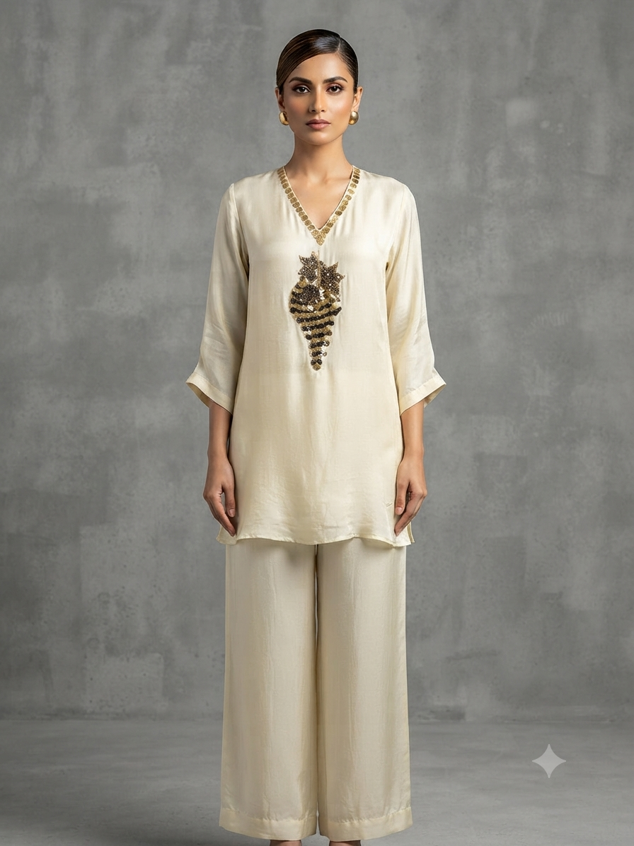 Ivory Hand-Embellished Crepe Cord Set