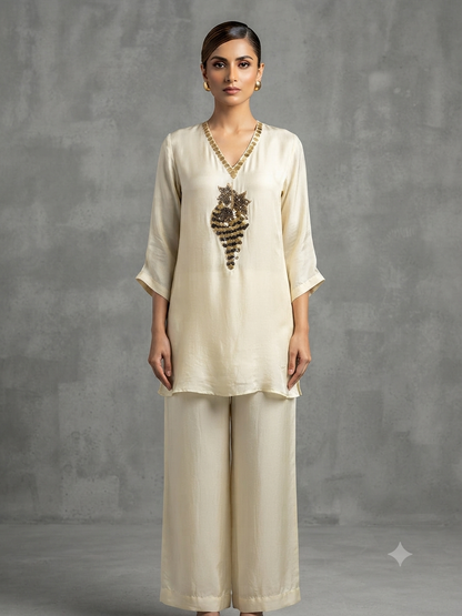 Ivory Hand-Embellished Crepe Cord Set