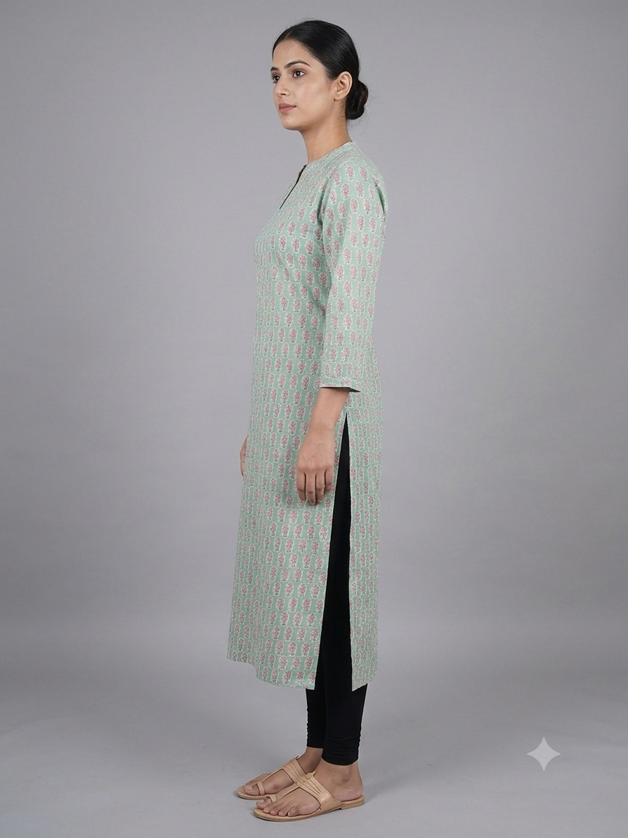 Green Printed Cotton Kurta