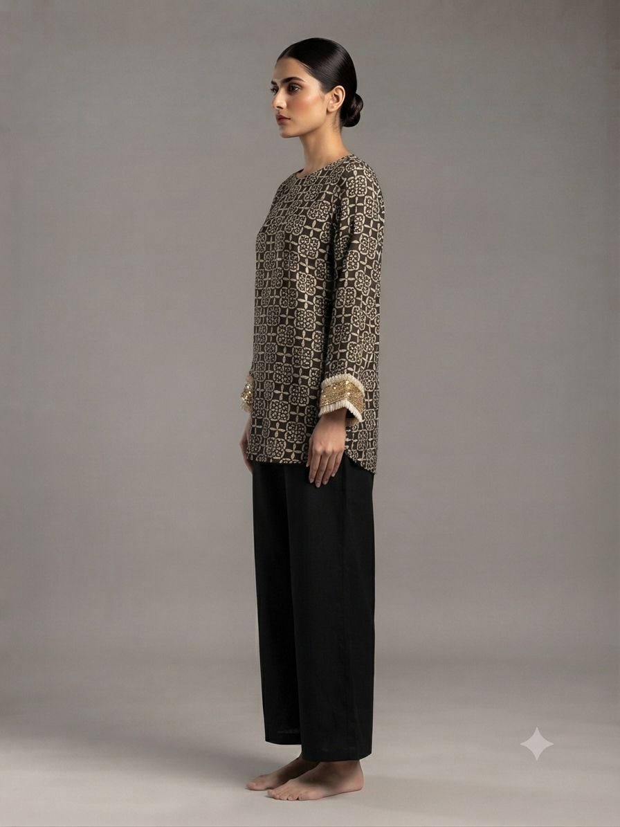 Black Modal Silk Printed Cord Set