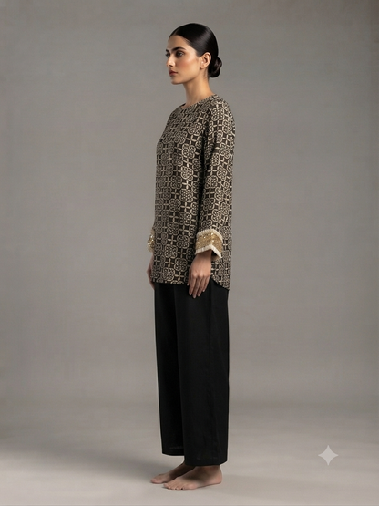 Black Modal Silk Printed Cord Set