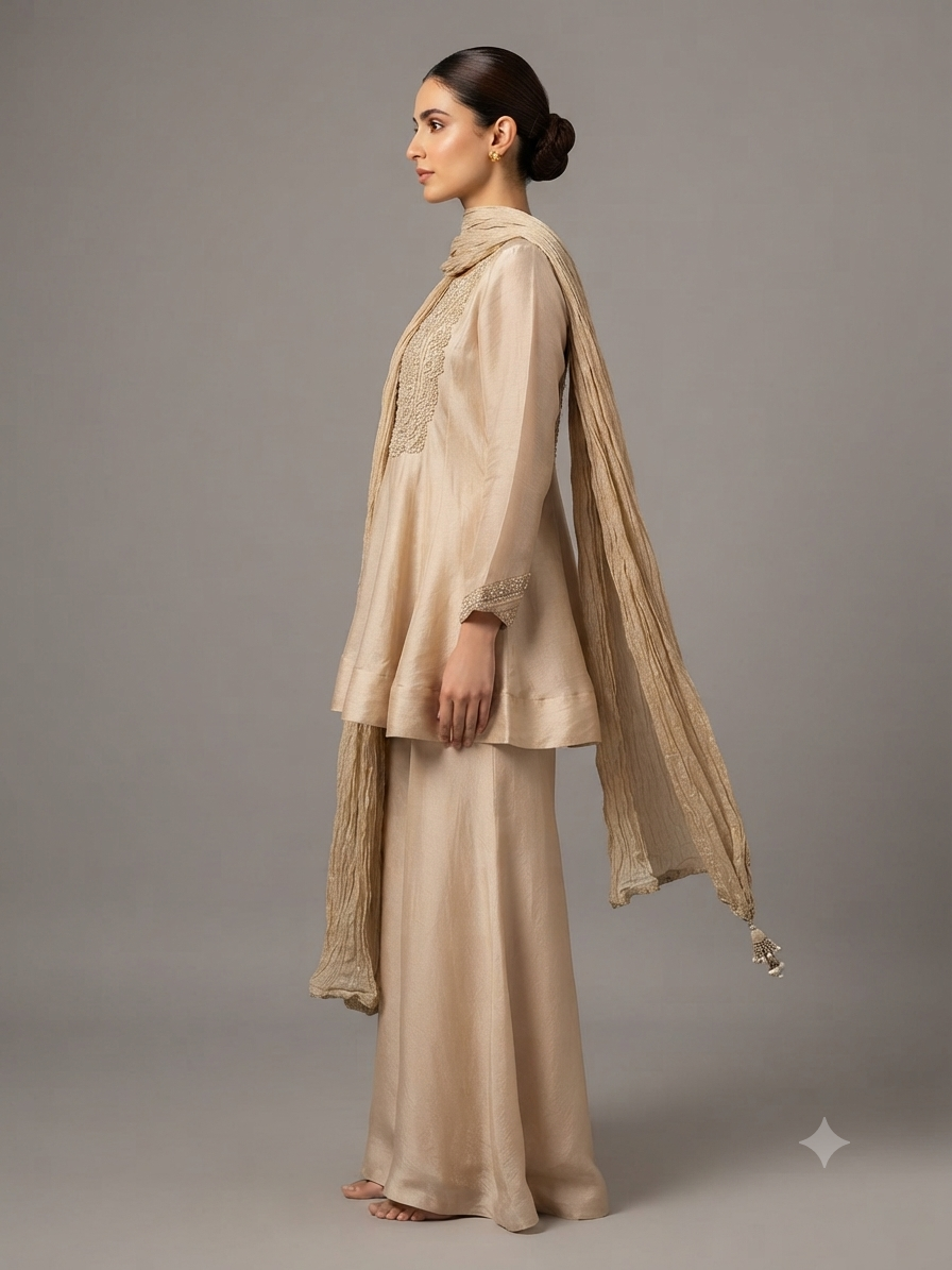 Rose Gold Creap Embellish  Flat Pant with Shirt Duptta