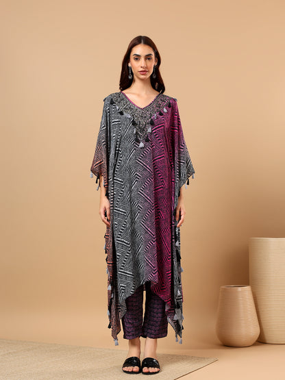 Grey Chinon Printed Kaftan Cord Set