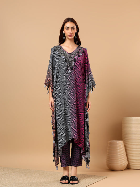 Grey Chinon Printed Kaftan Cord Set