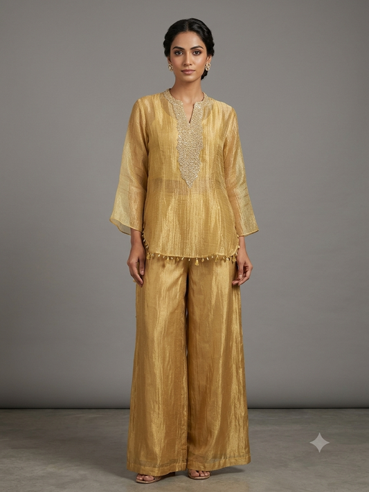 Gold Tissue Silk Hand Embroidered Kurta Set