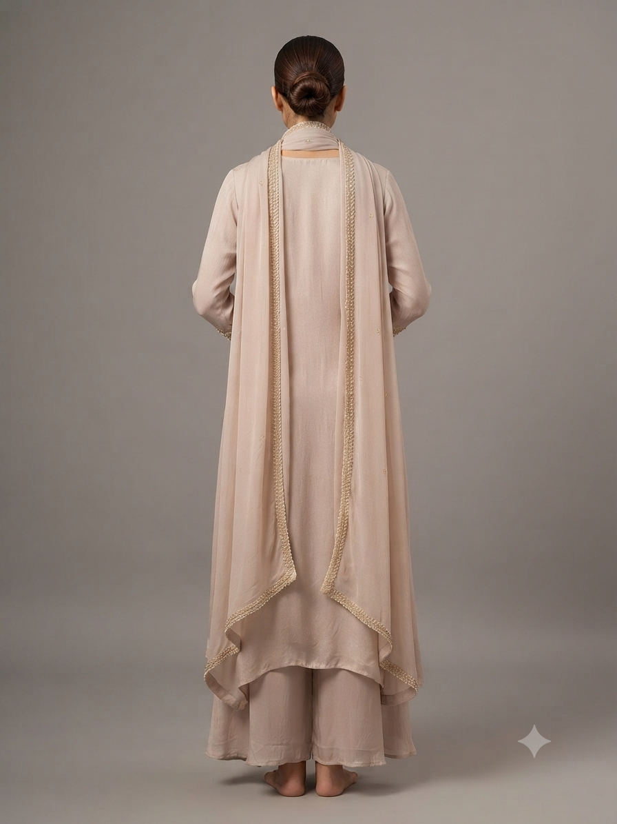 Rose Gold Creap Embellish Kurta Set With Dupatta